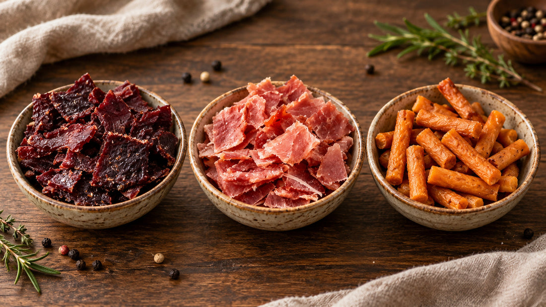 Beef jerky, pork jerky and chicken meat sticks side by side in three bowls