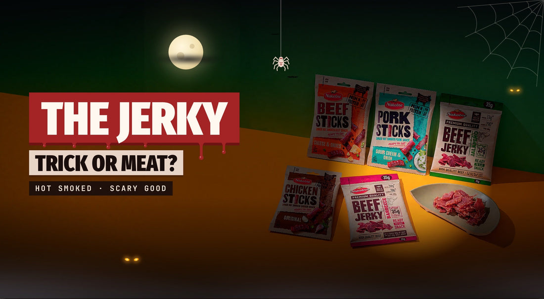 THE JERKY Halloween: beef jerky and meat stick pouches lit by a flashlight under a full moon