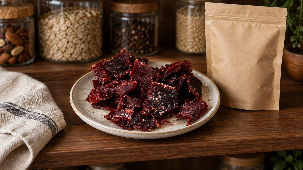 Beef jerky on a plate next to a resealable pouch and pantry jars