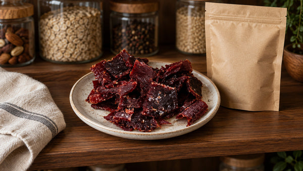 Beef jerky on a plate next to a resealable pouch and pantry jars