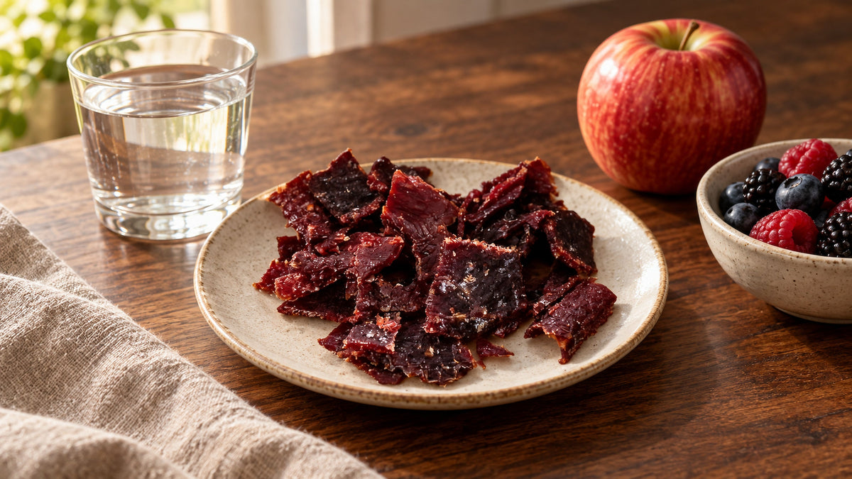 A plate of beef jerky with a glass of water, an apple and fresh berries
