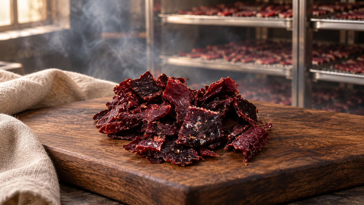 Pieces of dried beef jerky on a wooden board, drying racks in the background