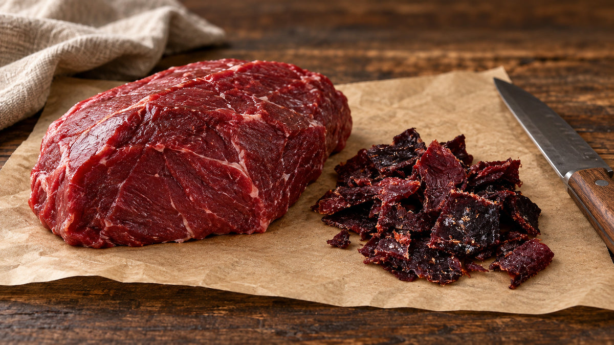 A raw cut of beef next to the much smaller pile of jerky it becomes