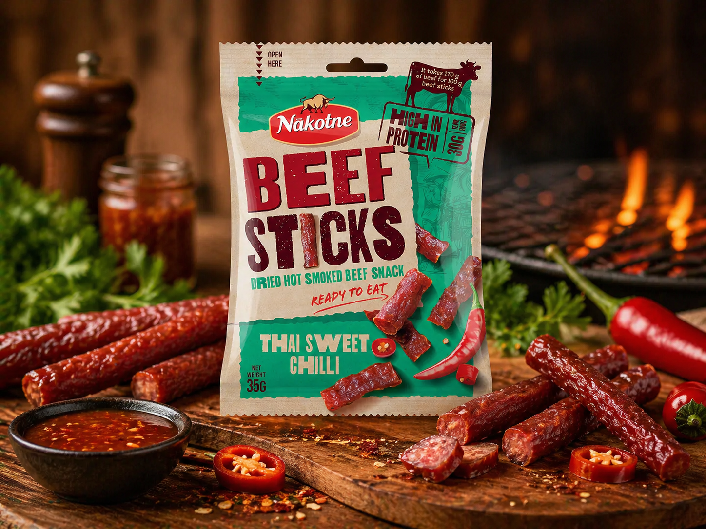 NAKOTNE BEEF STICKS THAI SWEET CHILLI ( 8 x 35g)