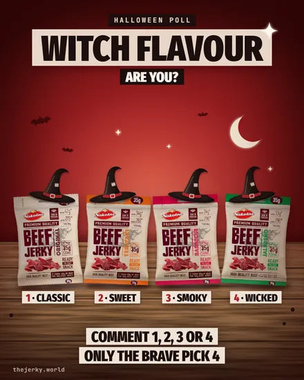 Witch flavour are you? Četras Beef Jerky garšas raganu cepurēs